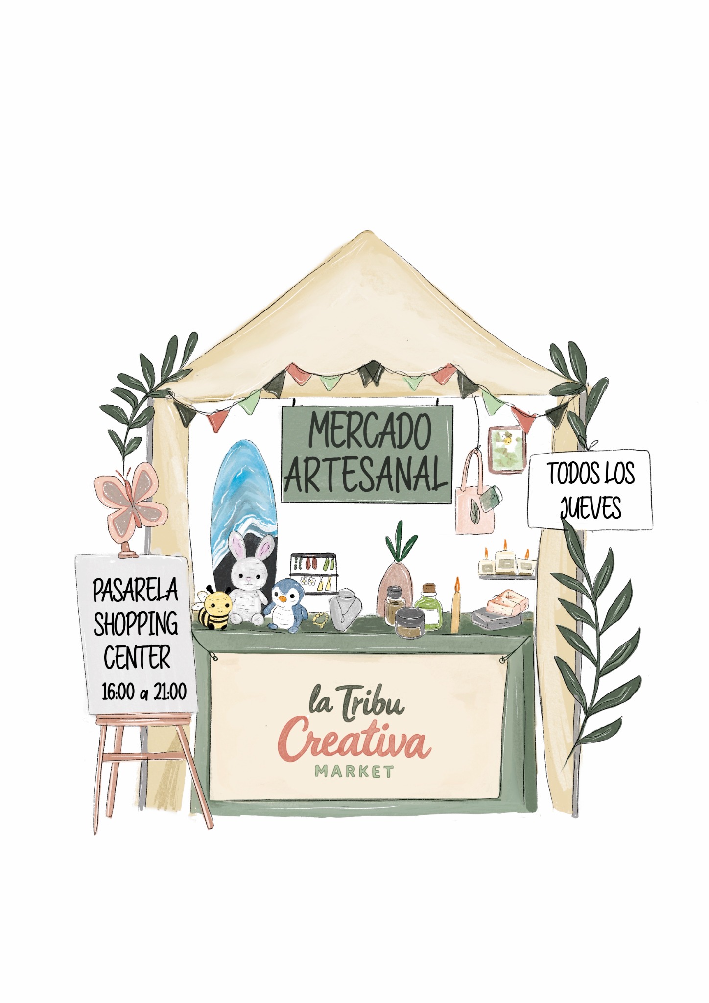 Ilustración de La Tribu Creativa Market con puesto de mercado artesanal